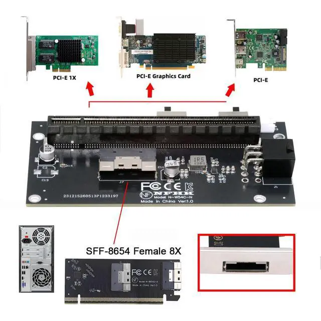 Alt view image 4 of 7 - Slimline 8X SFF-8654 74Pin to PCIE PCI-Express 16x Adapter TGX with 6Pin Power Switch Port for Mainboard Graphics Card