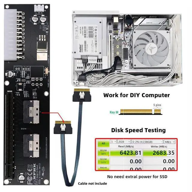 Alt view image 2 of 7 - Dual Slimline 8X SFF-8654 74Pin VROC to PCIE PCI-Express 16x Adapter with 24Pin Power Switch Port for Mainboard Graphics Card