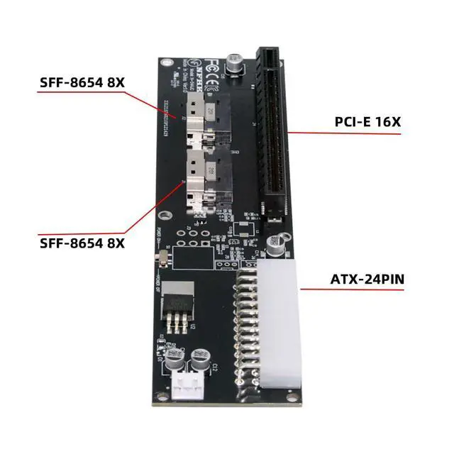 Alt view image 6 of 7 - Dual Slimline 8X SFF-8654 74Pin VROC to PCIE PCI-Express 16x Adapter with 24Pin Power Switch Port for Mainboard Graphics Card