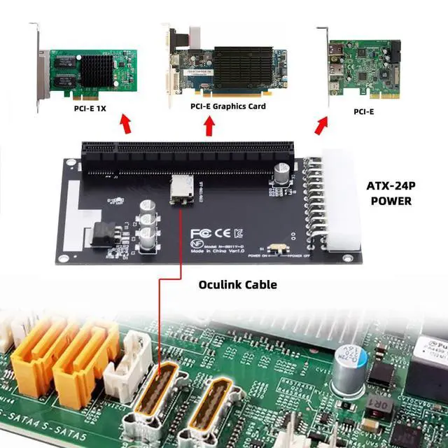 Alt view image 7 of 7 - 4X Oculink SFF-8612 SFF-8611 to PCIE PCI-Express 16x Adapter with ATX 24pin Power Port for Mainboard Graphics Card