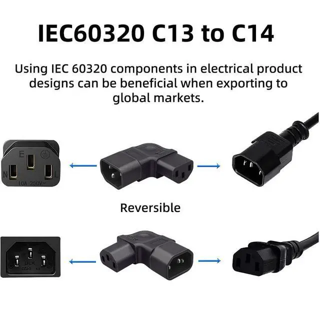 Alt view image 5 of 7 - IEC60320 C14 Male to C13 Female Power Extension Adapter AC Convertor Right Angled 90 Degree Connector