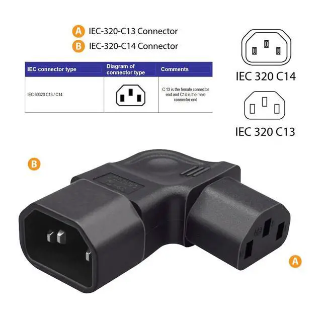 Alt view image 6 of 7 - IEC60320 C14 Male to C13 Female Power Extension Adapter AC Convertor Right Angled 90 Degree Connector