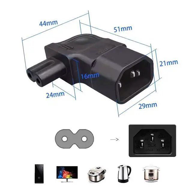 Alt view image 3 of 7 - IEC60320 C14 Male to C7 Female 2Pin Power Extension Adapter AC Convertor Right Angled 90 Degree Connector