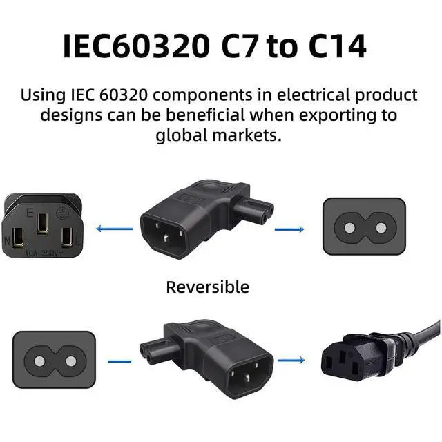 Alt view image 5 of 7 - IEC60320 C14 Male to C7 Female 2Pin Power Extension Adapter AC Convertor Right Angled 90 Degree Connector