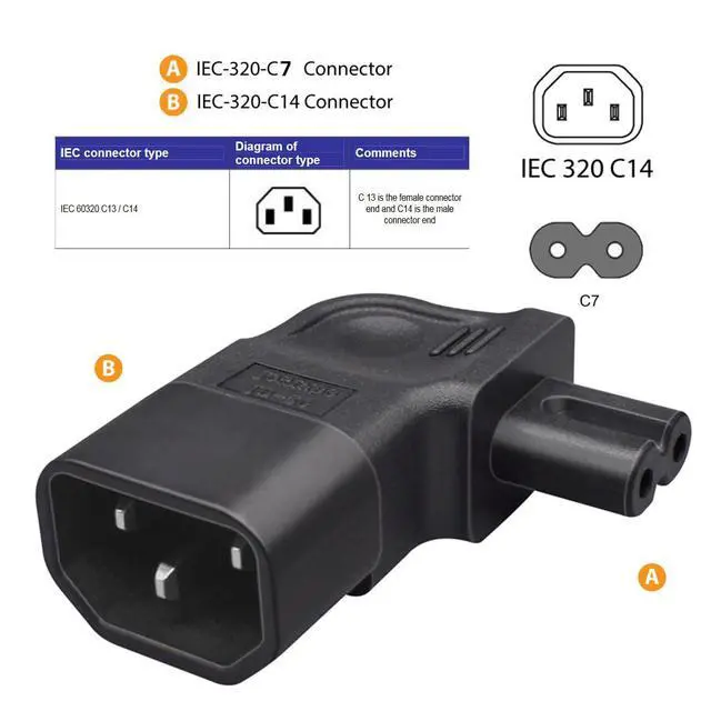 Alt view image 6 of 7 - IEC60320 C14 Male to C7 Female 2Pin Power Extension Adapter AC Convertor Right Angled 90 Degree Connector