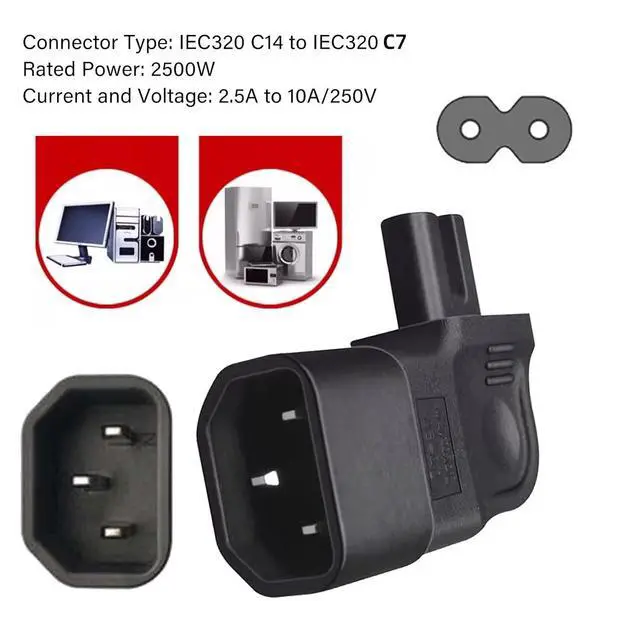 Alt view image 7 of 7 - IEC60320 C14 Male to C7 Female 2Pin Power Extension Adapter AC Convertor Right Angled 90 Degree Connector