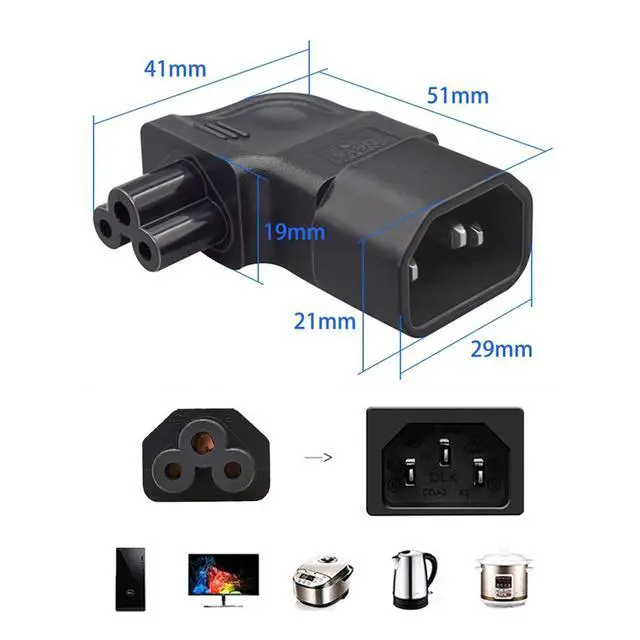 Alt view image 3 of 7 - IEC60320 C14 Male to C5 Female 3Pole Power Extension Adapter AC Convertor Right Angled 90 Degree Connector