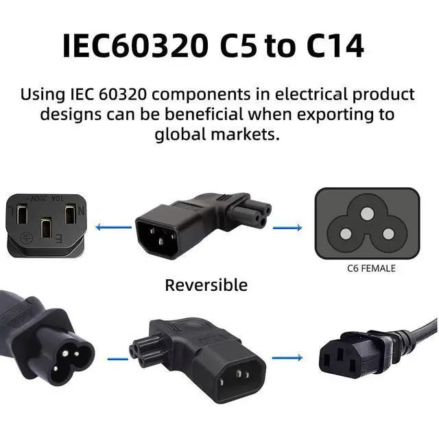 Alt view image 5 of 7 - IEC60320 C14 Male to C5 Female 3Pole Power Extension Adapter AC Convertor Right Angled 90 Degree Connector