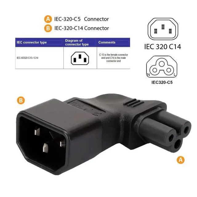 Alt view image 6 of 7 - IEC60320 C14 Male to C5 Female 3Pole Power Extension Adapter AC Convertor Right Angled 90 Degree Connector