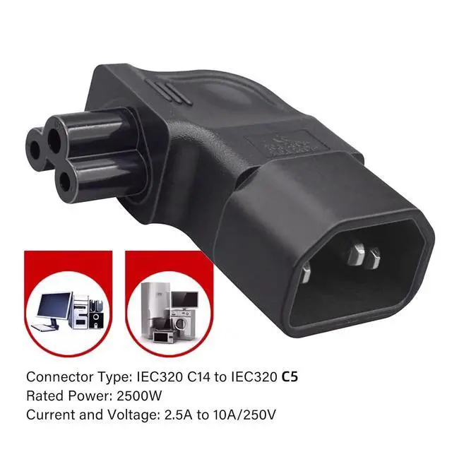 Alt view image 7 of 7 - IEC60320 C14 Male to C5 Female 3Pole Power Extension Adapter AC Convertor Right Angled 90 Degree Connector