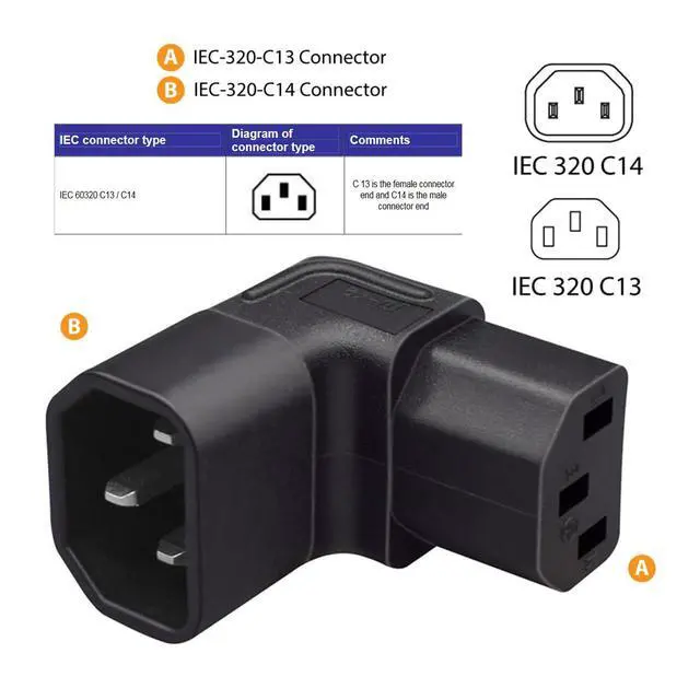 Alt view image 6 of 7 - IEC60320 C14 Male to C13 Female Power Extension Adapter AC Convertor Down Angled 90 Degree Connector