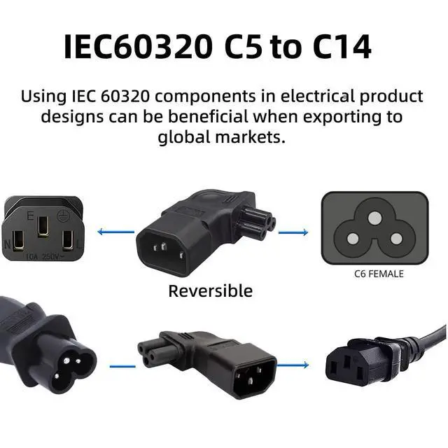 Alt view image 5 of 7 - IEC60320 C14 Male to C5 Female Power 3Pole Extension Adapter AC Convertor Left Angled 90 Degree Connector