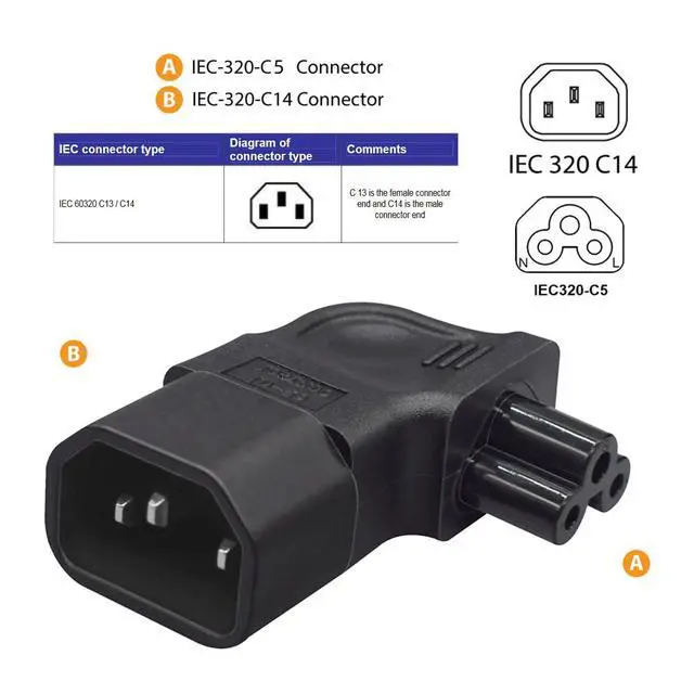 Alt view image 6 of 7 - IEC60320 C14 Male to C5 Female Power 3Pole Extension Adapter AC Convertor Left Angled 90 Degree Connector