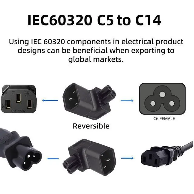 Alt view image 5 of 7 - IEC60320 C14 Male to C5 Female 3Pole Power Extension Adapter AC Convertor Up Angled 90 Degree Connector