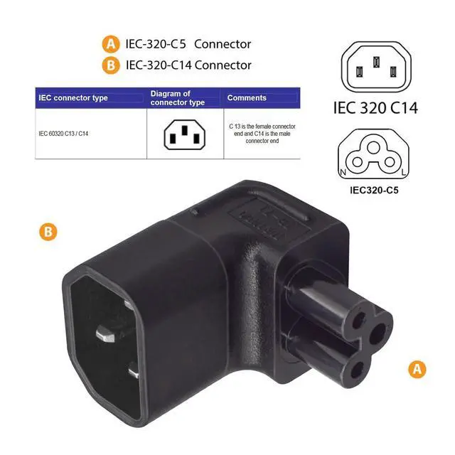 Alt view image 6 of 7 - IEC60320 C14 Male to C5 Female 3Pole Power Extension Adapter AC Convertor Up Angled 90 Degree Connector