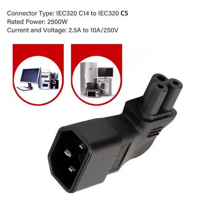 Alt view image 7 of 7 - IEC60320 C14 Male to C5 Female Power 3Pole Extension Adapter AC Convertor Left Angled 90 Degree Connector