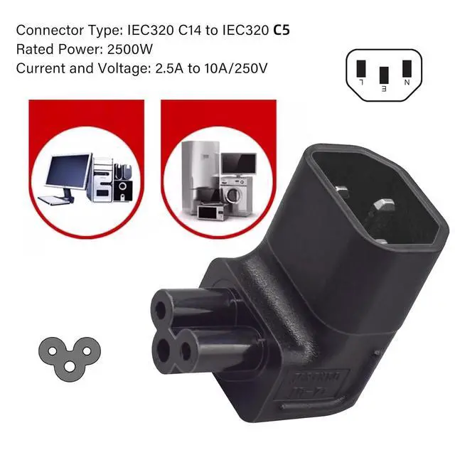 Alt view image 7 of 7 - IEC60320 C14 Male to C5 Female 3Pole Power Extension Adapter AC Convertor Up Angled 90 Degree Connector
