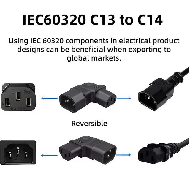 Alt view image 5 of 7 - IEC60320 C14 Male to C13 Female Power Extension Adapter AC Convertor Left Angled 90 Degree Connector