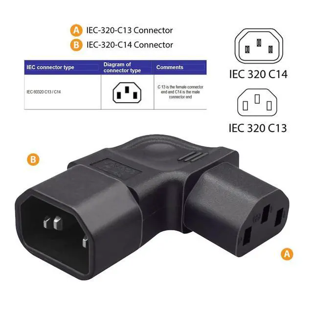 Alt view image 6 of 7 - IEC60320 C14 Male to C13 Female Power Extension Adapter AC Convertor Left Angled 90 Degree Connector