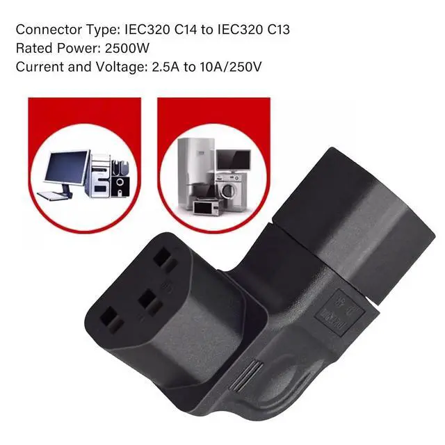 Alt view image 7 of 7 - IEC60320 C14 Male to C13 Female Power Extension Adapter AC Convertor Left Angled 90 Degree Connector
