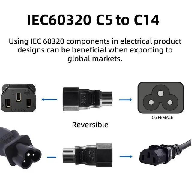 Alt view image 4 of 7 - IEC60320 C14 Male to C5 Female 3Pole Power Extension Adapter AC Convertor Straight Connector