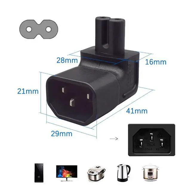 Alt view image 3 of 7 - IEC60320 C14 Male to C7 Female 2Pin Power Extension Adapter AC Convertor Up Angled 90 Degree Connector