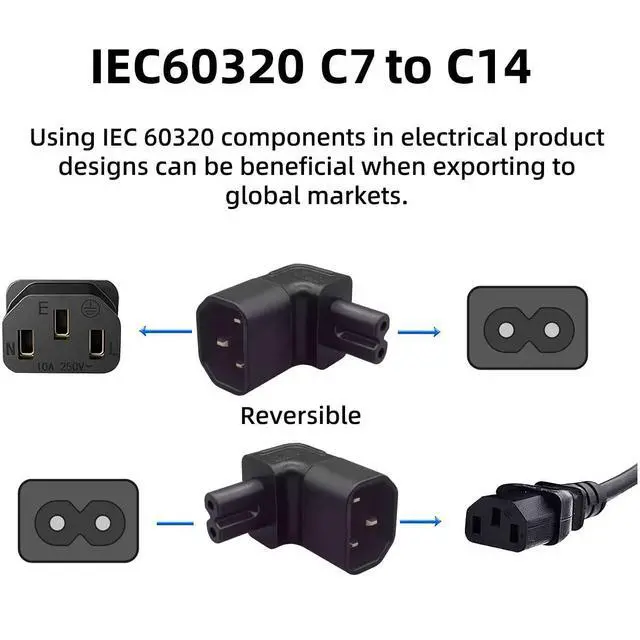 Alt view image 5 of 7 - IEC60320 C14 Male to C7 Female 2Pin Power Extension Adapter AC Convertor Up Angled 90 Degree Connector