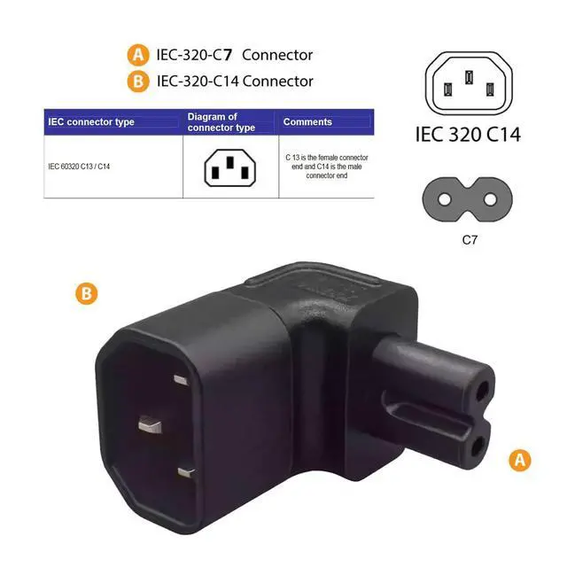Alt view image 6 of 7 - IEC60320 C14 Male to C7 Female 2Pin Power Extension Adapter AC Convertor Up Angled 90 Degree Connector