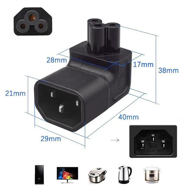 Alt view image 3 of 7 - IEC60320 C14 Male to C5 Female 3Pole Power Extension Adapter AC Convertor Down Angled 90 Degree Connector
