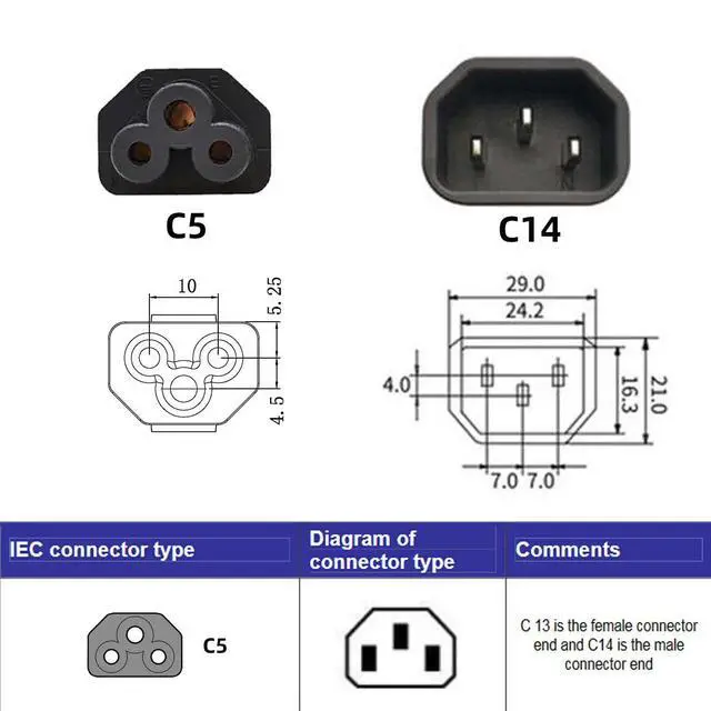 Alt view image 4 of 7 - IEC60320 C14 Male to C5 Female 3Pole Power Extension Adapter AC Convertor Up Angled 90 Degree Connector