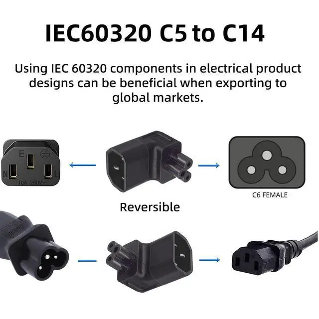 Alt view image 5 of 7 - IEC60320 C14 Male to C5 Female 3Pole Power Extension Adapter AC Convertor Down Angled 90 Degree Connector