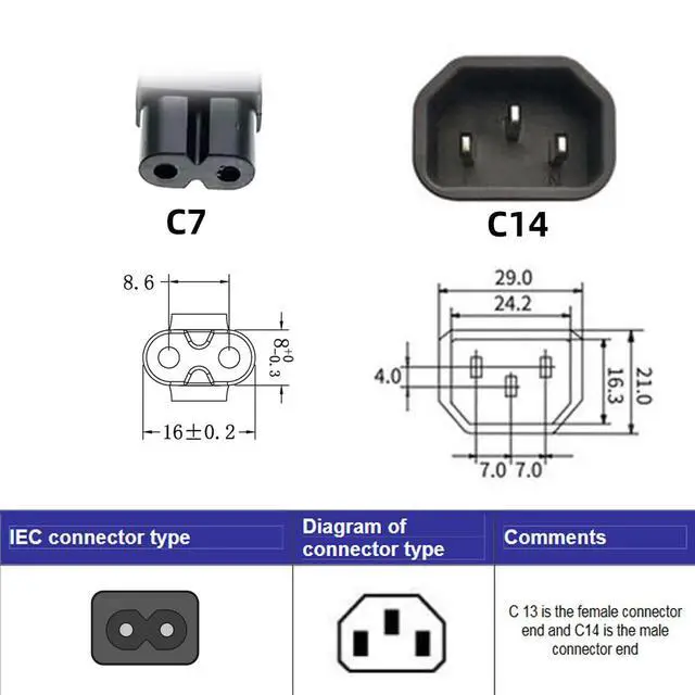 Alt view image 4 of 7 - IEC60320 C14 Male to C7 Female 2Pin Power Extension Adapter AC Convertor Right Angled 90 Degree Connector