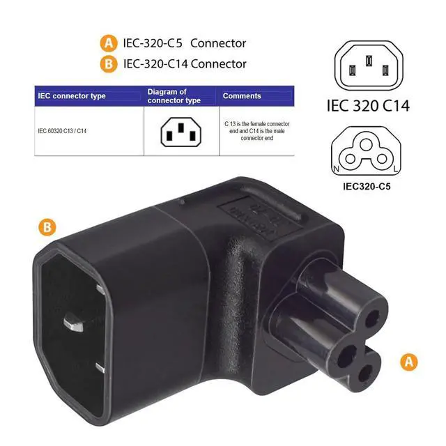 Alt view image 6 of 7 - IEC60320 C14 Male to C5 Female 3Pole Power Extension Adapter AC Convertor Down Angled 90 Degree Connector