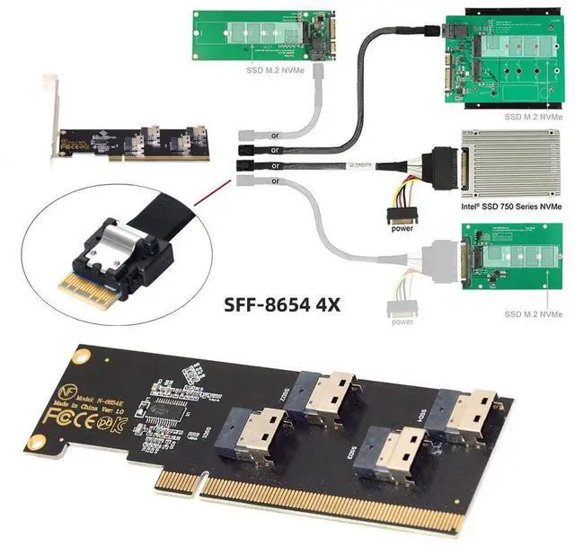 Alt view image 4 of 7 - Virtual Raid NGFF Four Slimline SFF-8654 4X 4 NVME to Detachable Bifurcation PCIE5.0 Express 3.0 4.0 Raid Card VROC Raid0 Hyper Adapter
