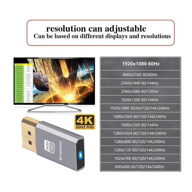 Alt view image 5 of 7 - DP Virtual Display Displayport Active Adapter Dummy Plug HDTV Headless Ghost Emulator 1080p@60hz Compatible with Remote Desktop Laptop Server NAS Silver Color (4K@60Hz)