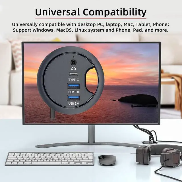Alt view image 3 of 7 - USB 3.0 Multi HUB 5Gbps to Sound Card USB-C 2 Port USB 60mm Desk Grommet Splitter Dock Station Headphone Mic Audio Interface for Desktop Desk Hole Laptop