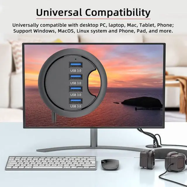 Alt view image 3 of 7 - USB 3.0 Multi HUB 5Gbps to 4 Port USB 60mm Desk Grommet Splitter Dock Station Interface 5Gbps for Desktop Desk Hole Laptop