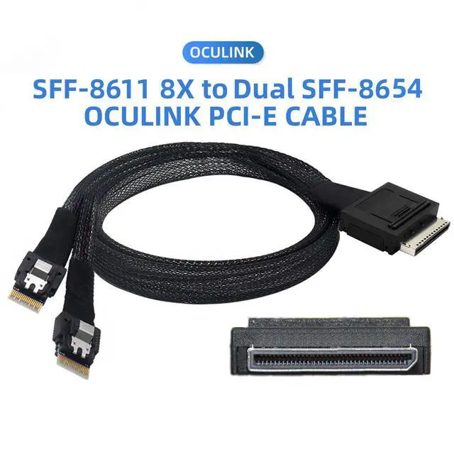 Alt view image 2 of 7 - Detachable Bifurcation Virtual Raid Oculink PCIe PCI-Express SFF-8611 8X 8-Lane to Dual SFF-8654 Slimline 4X SSD Data Active Cable 50cm