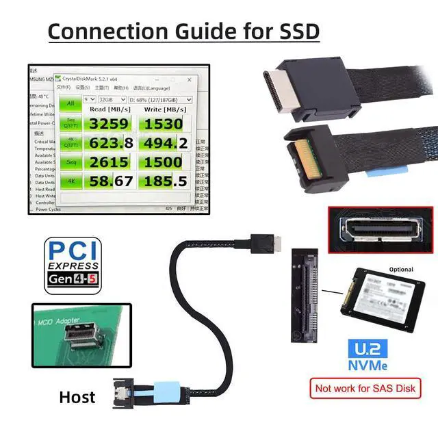 Alt view image 3 of 7 - PCI-E 5.0 Mini Cool Edge IO MCIO PCI-E 4i 38Pin Male to SFF-8611 Oculink 4X Extender Cable for eGPU SSD External Graphics Card 50cm