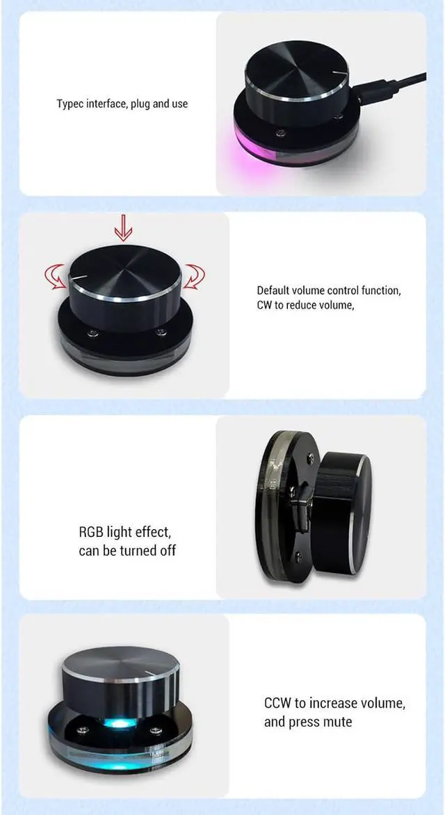 Alt view image 4 of 7 - USB Volume Control Knob for PC, One-Touch Mute Audio Controller with RGB Light, Type-C Plug and Play Multimedia Volume Knob for Windows Computer, Laptop, Desktop and Android Devices
