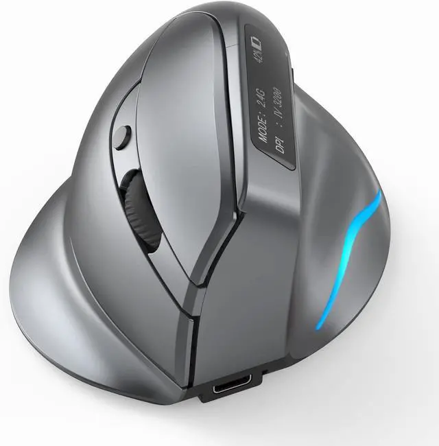 Main image of F-26C 2.4G Wireless Vertical Ergonomic Bluetooth Optical Mouse, 4 DPI Adjustment 1000/1600/2400/3200 7 Color Lights with LED Screen Display Suitable for Game Player PC Laptop, Grey
