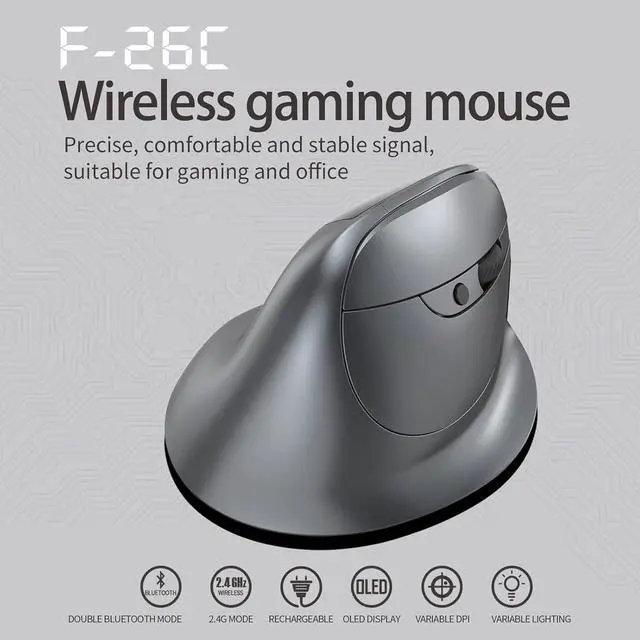 Alt view image 4 of 7 - F-26C 2.4G Wireless Vertical Ergonomic Bluetooth Optical Mouse, 4 DPI Adjustment 1000/1600/2400/3200 7 Color Lights with LED Screen Display Suitable for Game Player PC Laptop, Grey