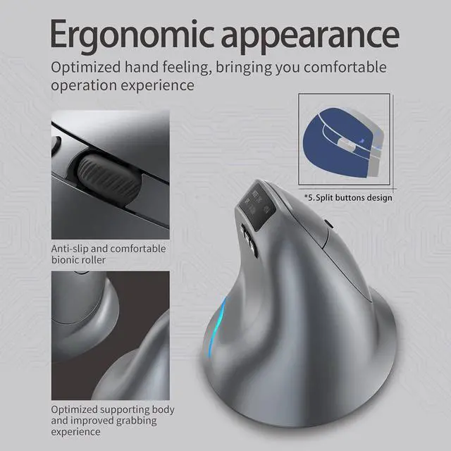 Alt view image 2 of 7 - F-26C 2.4G Wireless Vertical Ergonomic Bluetooth Optical Mouse, 4 DPI Adjustment 1000/1600/2400/3200 7 Color Lights with LED Screen Display Suitable for Game Player PC Laptop, Grey