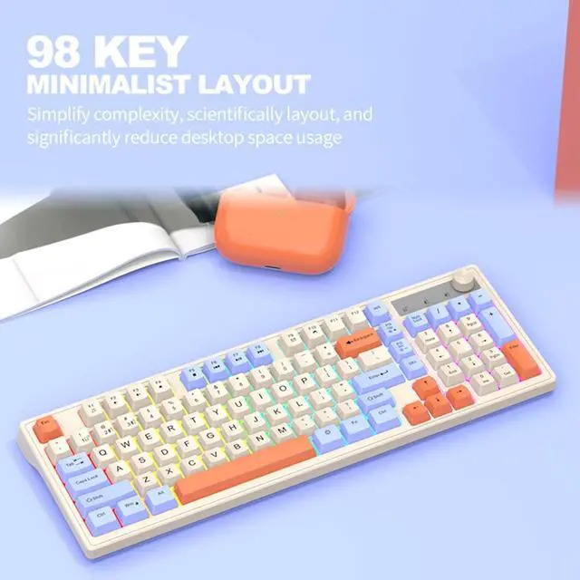 Alt view image 6 of 7 - Gaming Keyboard, Dual-Mode BT/2..4GHz Mechanical Keyboard with Backlit Rechargeable Keyboard, 98 Keys Wireless Keyboard with Volume Control Knob for Computer, Laptop, PC - Gray/Blue/Shimmer