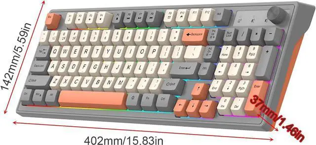 Alt view image 6 of 6 - Gaming Keyboard, Dual-Mode BT/2..4GHz Mechanical Keyboard with Backlit Rechargeable Keyboard, 98 Keys Wireless Keyboard with Volume Control Knob for Computer, Laptop, PC - Gray/Blue/Shimmer Shimmer
