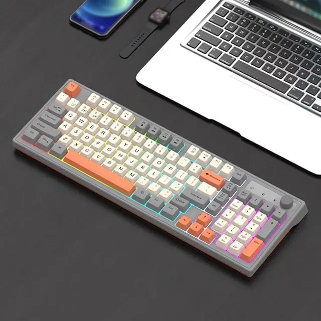 Alt view image 3 of 6 - Gaming Keyboard, Dual-Mode BT/2..4GHz Mechanical Keyboard with Backlit Rechargeable Keyboard, 98 Keys Wireless Keyboard with Volume Control Knob for Computer, Laptop, PC - Gray/Blue/Shimmer Shimmer