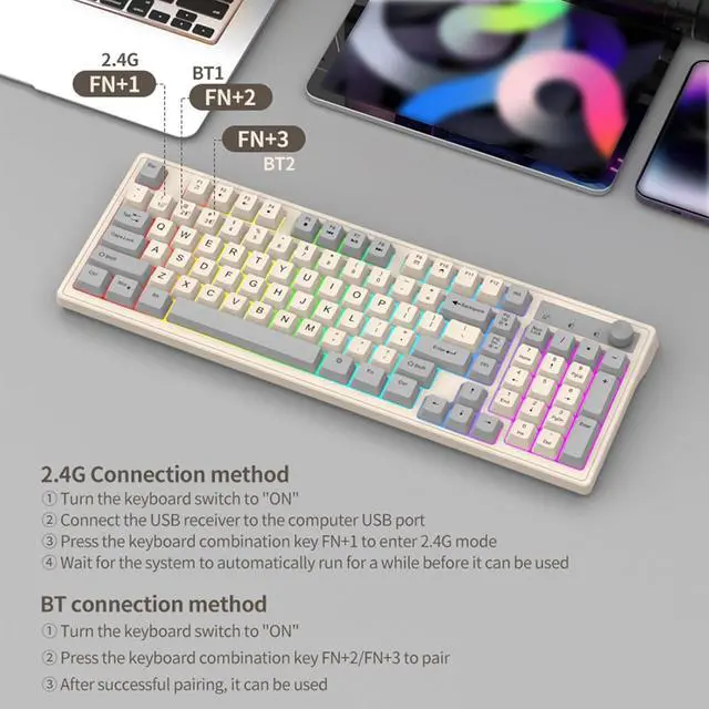 Alt view image 5 of 6 - Gaming Keyboard, Dual-Mode BT/2..4GHz Mechanical Keyboard with Backlit Rechargeable Keyboard, 98 Keys Wireless Keyboard with Volume Control Knob for Computer, Laptop, PC - Gray/Blue/Shimmer Shimmer