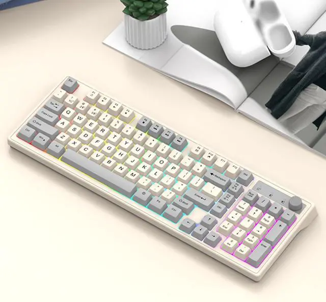 Alt view image 3 of 4 - Gaming Keyboard, Dual-Mode BT/2..4GHz Mechanical Keyboard with Backlit Rechargeable Keyboard, 98 Keys Wireless Keyboard with Volume Control Knob for Computer, Laptop, PC - Gray/Blue/Shimmer Gray