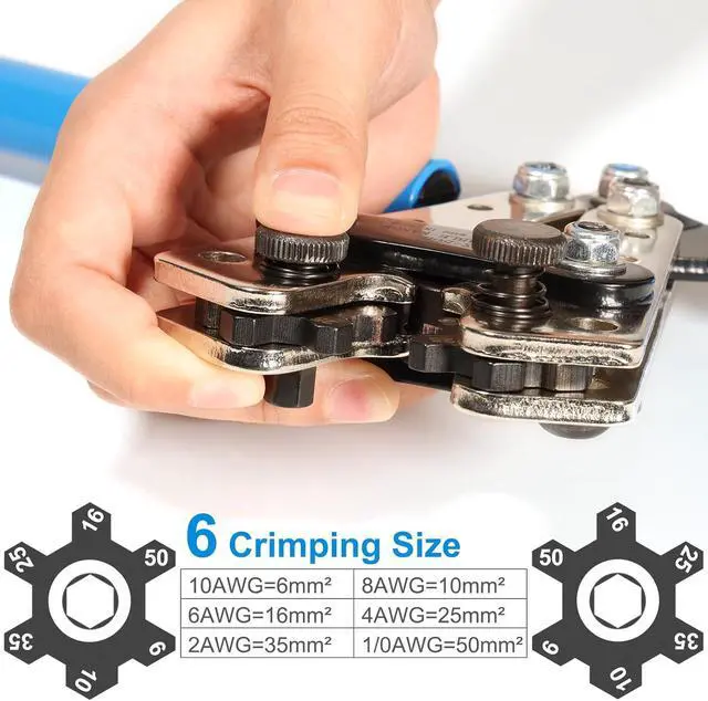 Alt view image 4 of 5 - Battery Cable Crimper Tool for AWG 10, 8, 6, 4, 2, 1/0 Gauge Electrical Lug, Battery Lug Crimping Tool with 62PCS Copper Wire Lugs and Heat Shrink Tubing, Cable Cutter