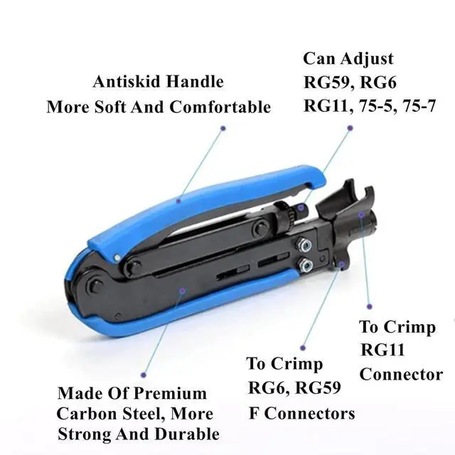 Alt view image 6 of 6 - Coaxial Compression Tool Coax Cable Crimper Kit Adjustable rg6 rg59 rg11 75-5 75-7 Coaxial Cable Stripper with 10pcs RG6 F Compression Connectors - Blue